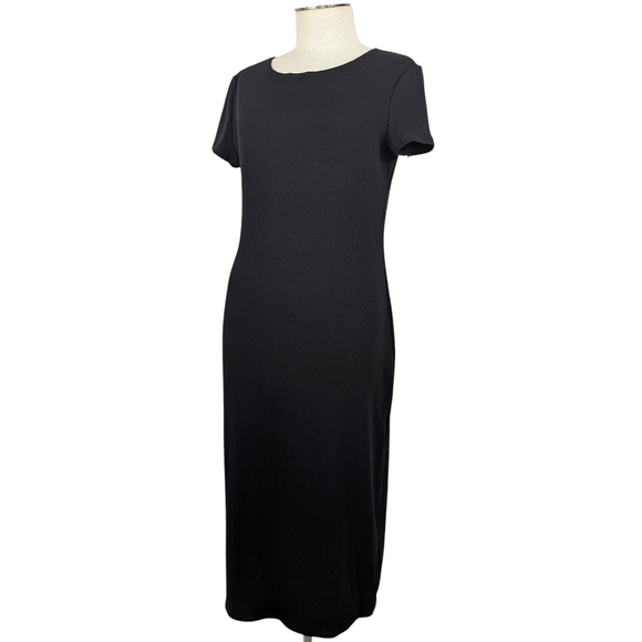 bebe Midi T-Shirt Ribbed Dress Short Sleeve Bodycon Fitted LBD Black M NWT - Picture 11 of 14